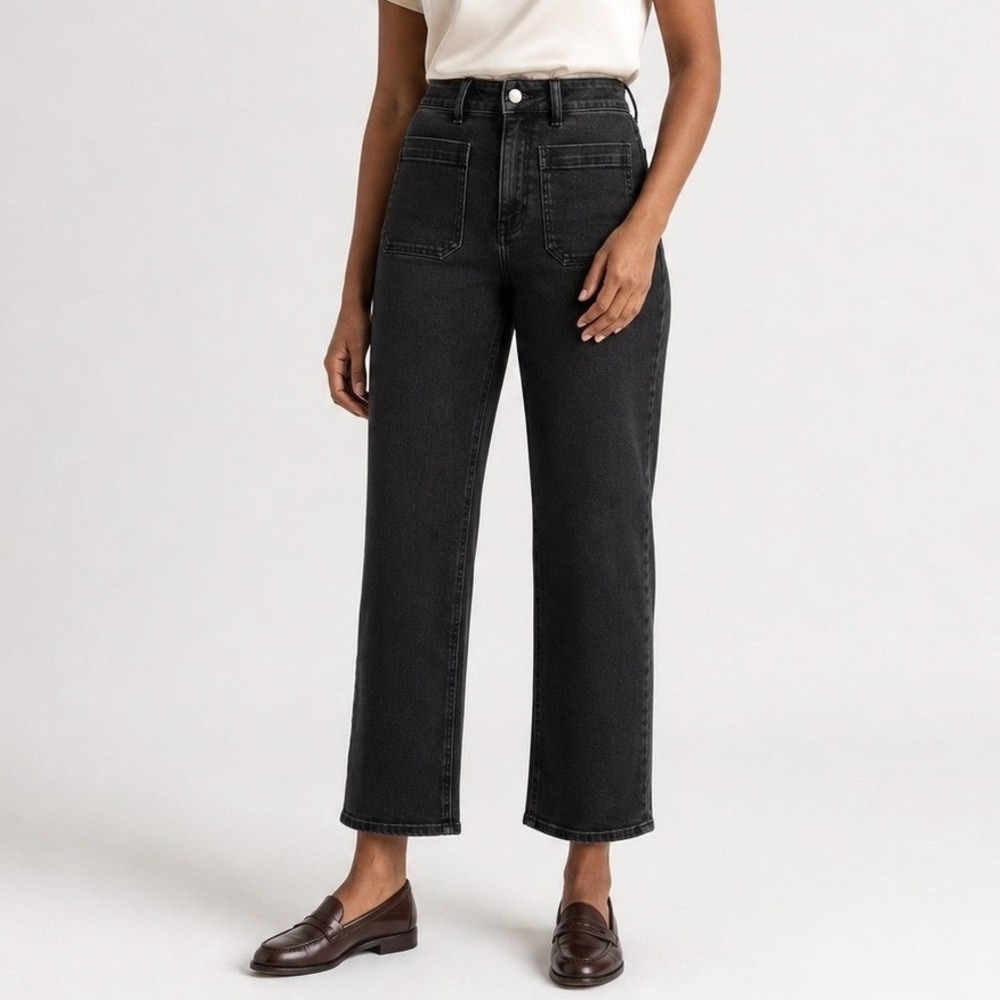 Quince Bella Stretch Patch Pocket Wide Leg Jeans Denim Cropped Black 28 Long NWT